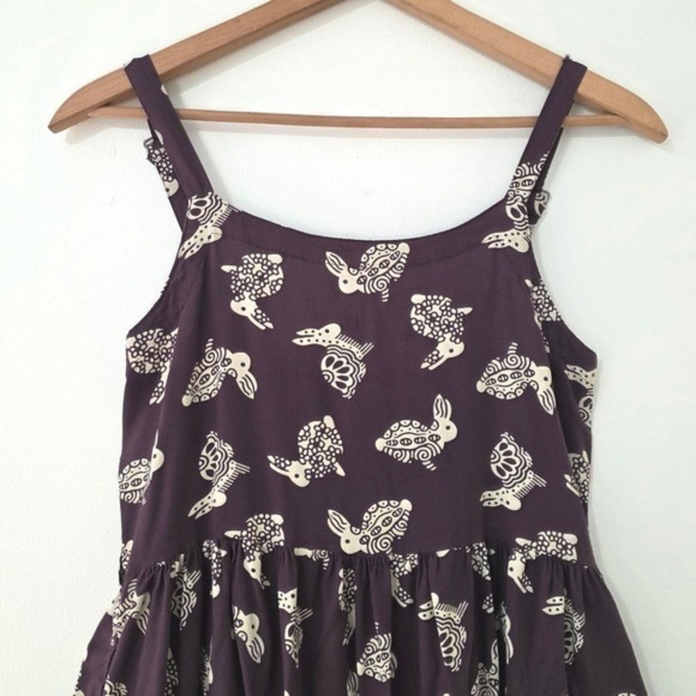 Whimsical Rabbit Print‎ Midi Overall Dress Sz M Brown Boho Artsy Twee Pinafore
